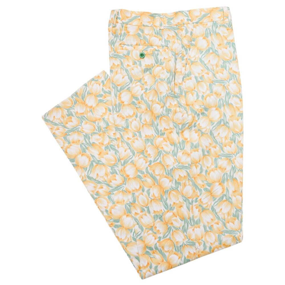 Mens 32 Yellow Green Floral Pants Flat Front Straight Fit Dress Trousers NWT